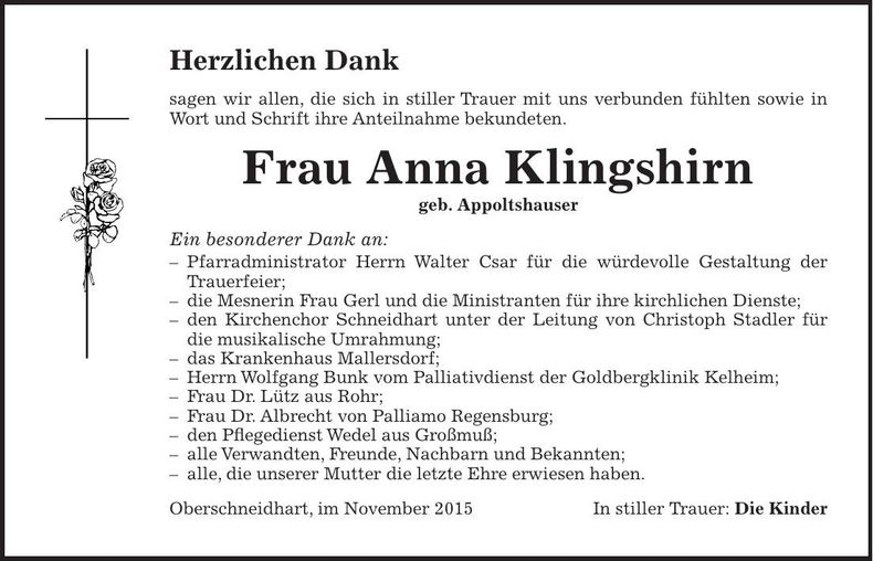 Traueranzeige Anna Klingshirn
