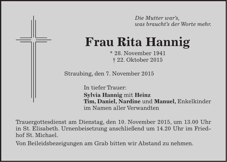 Traueranzeige Rita Hannig