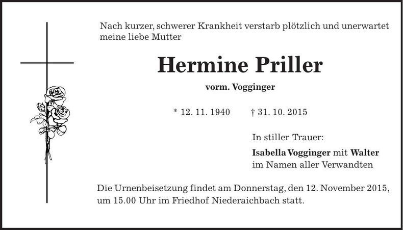 Traueranzeige Hermine Priller