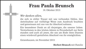 Traueranzeige Paula Brunsch