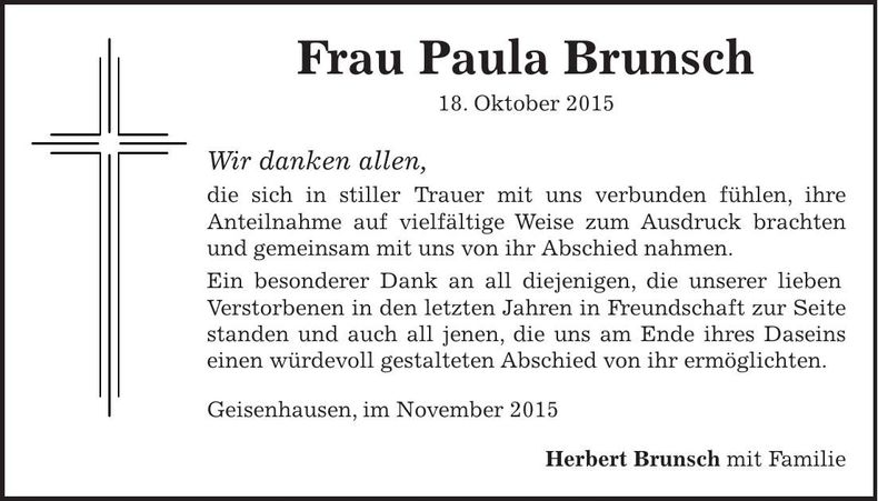 Traueranzeige Paula Brunsch