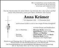 Traueranzeige Anna Krämer