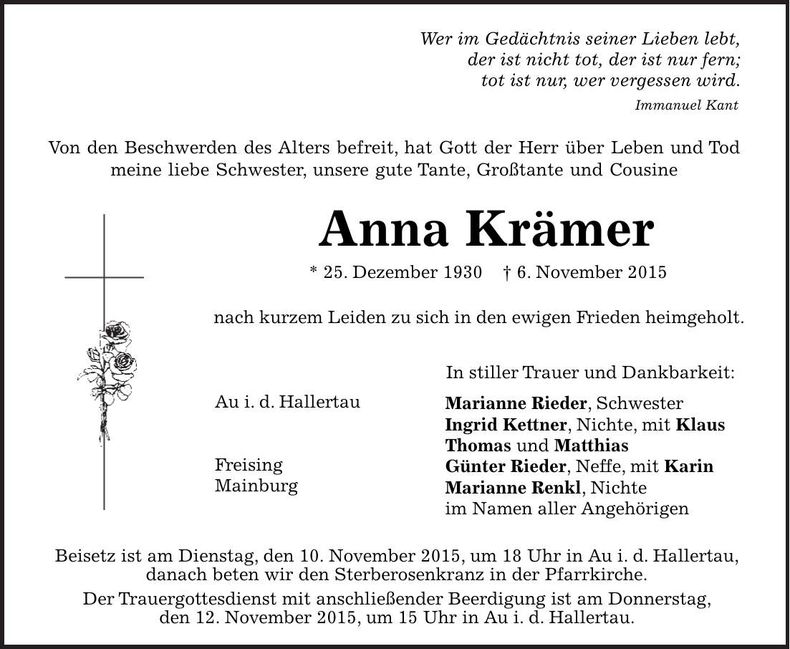 Traueranzeige Anna Krämer
