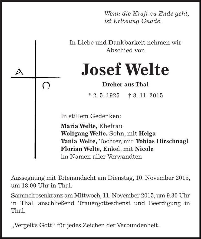 Traueranzeige Josef Welte