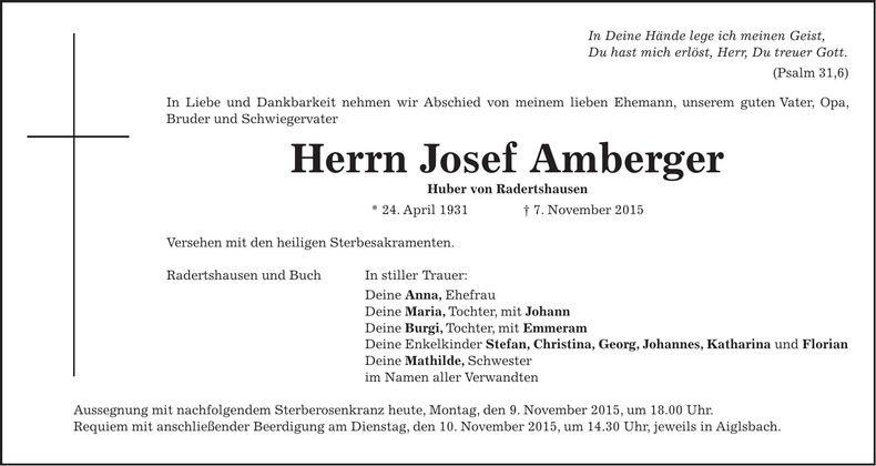 Traueranzeige Josef Amberger