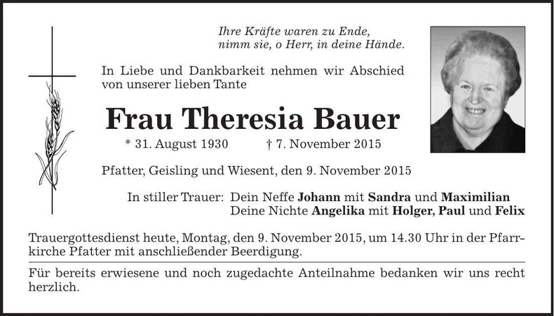 Traueranzeige Theresia Bauer