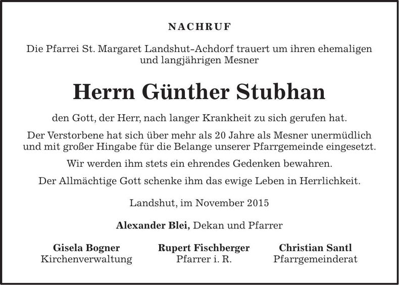 Traueranzeige Günther Stubhan