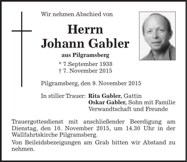 Traueranzeige Johann Gabler