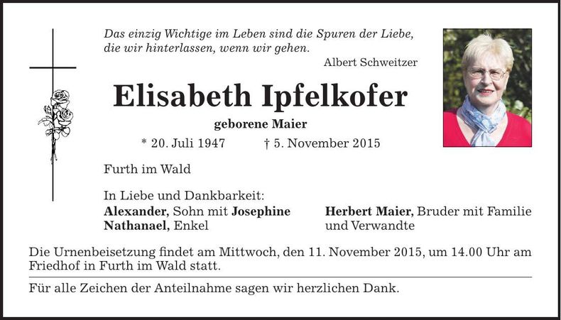 Traueranzeige Elisabeth Ipfelkofer