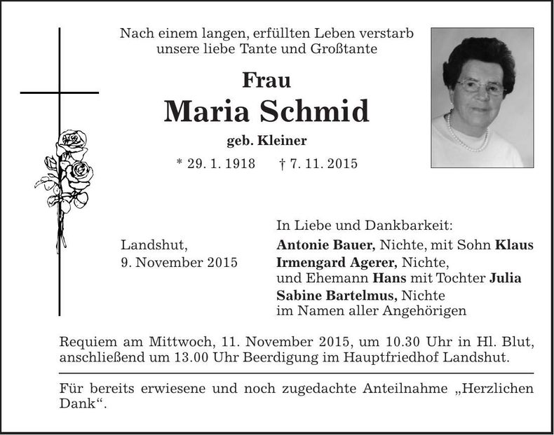 Traueranzeige Maria Schmid