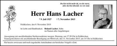 Traueranzeige Hans Lacher