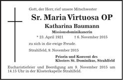 Traueranzeige Katharina Baumann Sr. Maria Vitruaosa