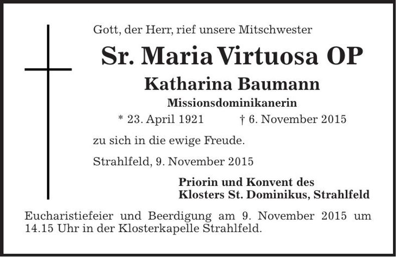 Traueranzeige Katharina Baumann Sr. Maria Vitruaosa