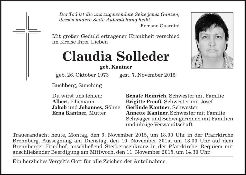 Traueranzeige Claudia Solleder