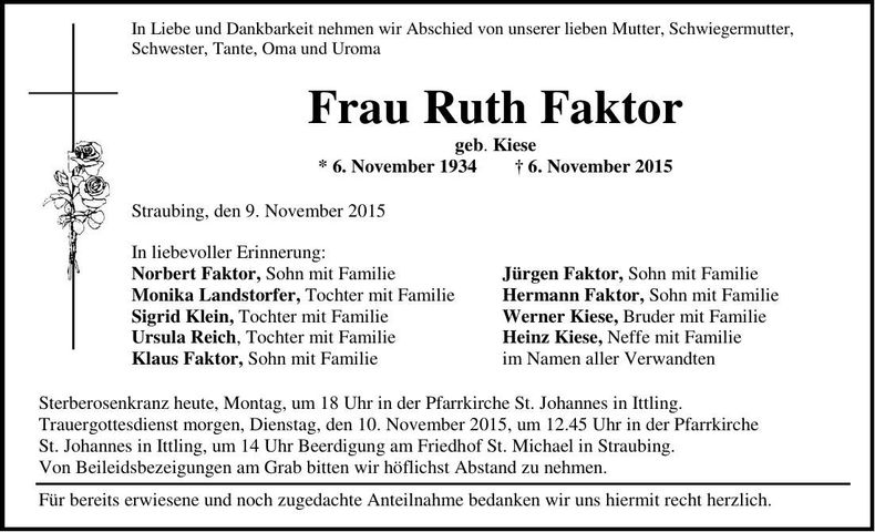 Traueranzeige Ruth Faktor