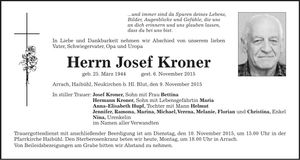 Traueranzeige Josef Kroner