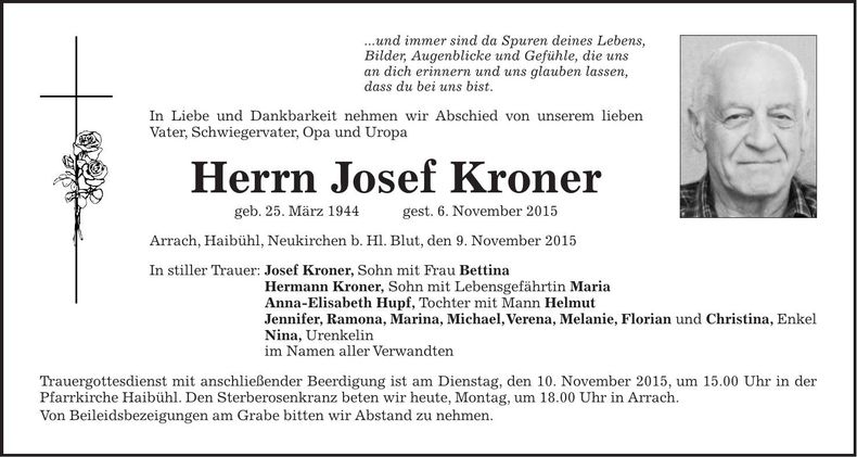 Traueranzeige Josef Kroner