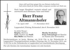 Traueranzeige Franz Altmannshofer