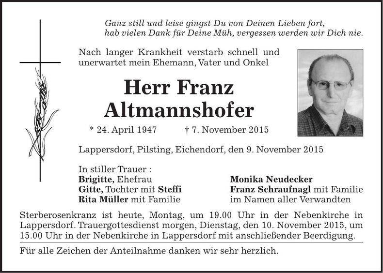 Traueranzeige Franz Altmannshofer