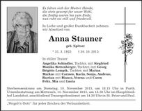 Traueranzeige Anna Stauner
