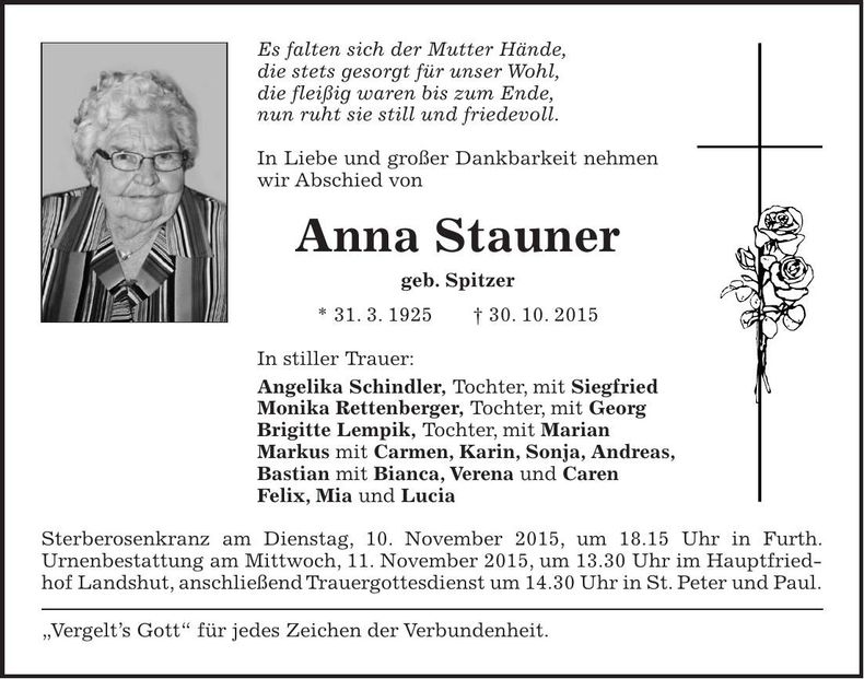 Traueranzeige Anna Stauner
