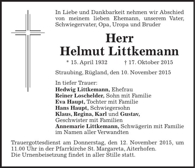 Traueranzeige Helmut Littkemann