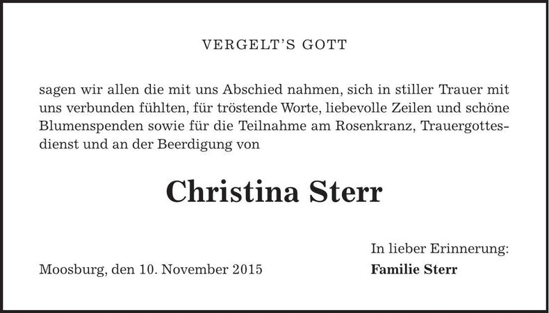 Traueranzeige Christina Sterr