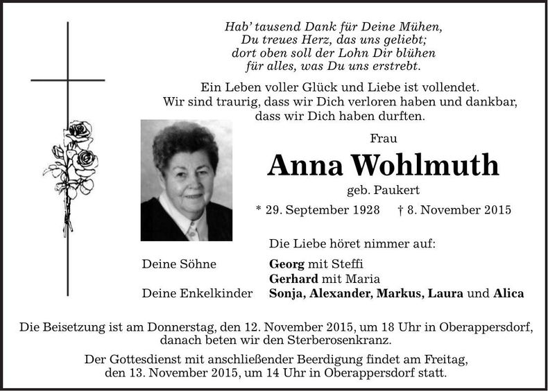 Traueranzeige Anna Wohlmuth