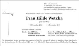 Traueranzeige Hilde Wetzka