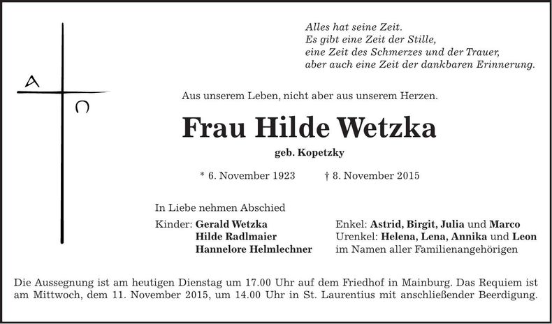 Traueranzeige Hilde Wetzka