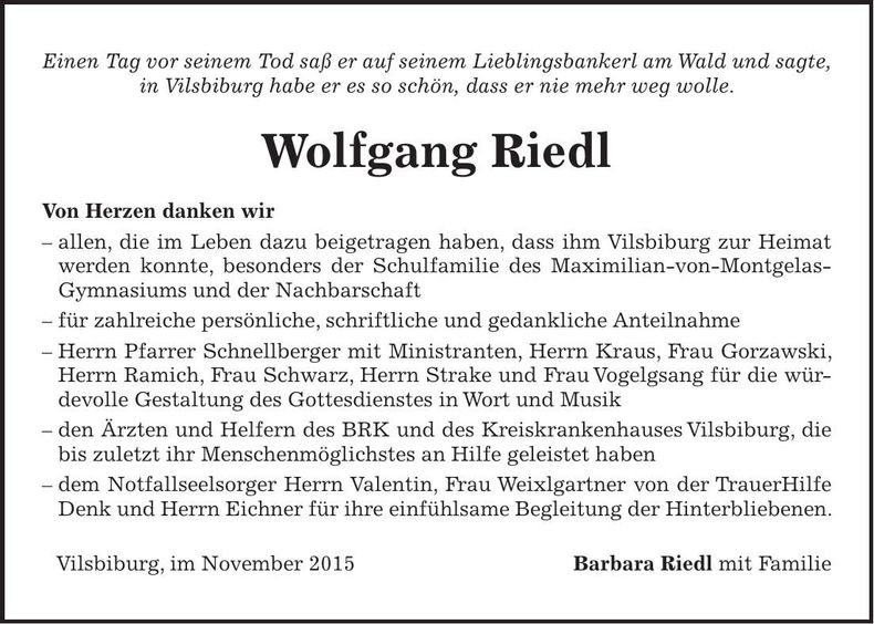 Traueranzeige Wolfgang Riedl