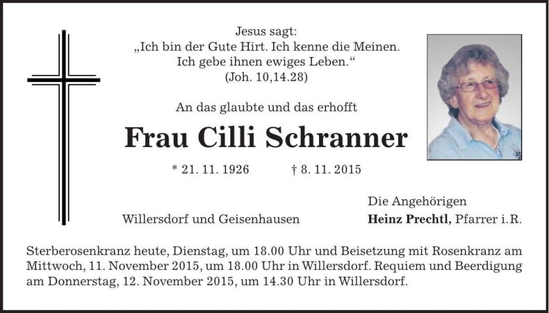 Traueranzeige Cilli Schranner