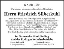 Traueranzeige Friedrich Silberkuhl