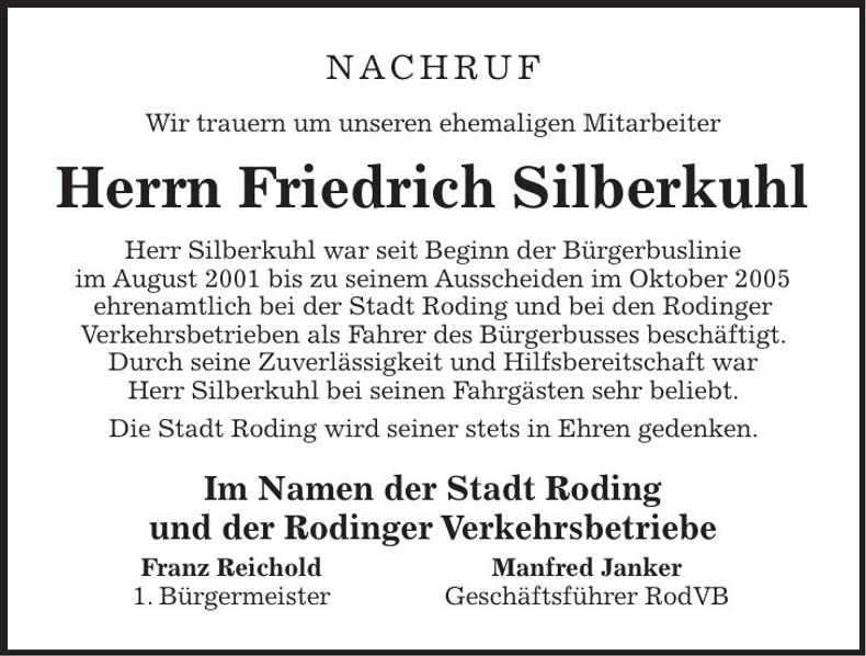 Traueranzeige Friedrich Silberkuhl