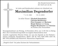 Traueranzeige Maximilian Degendorfer