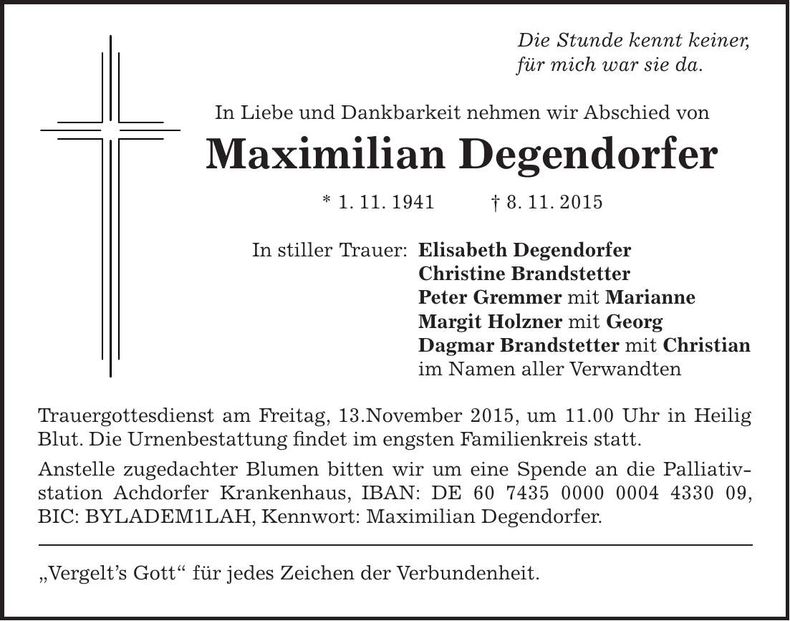 Traueranzeige Maximilian Degendorfer