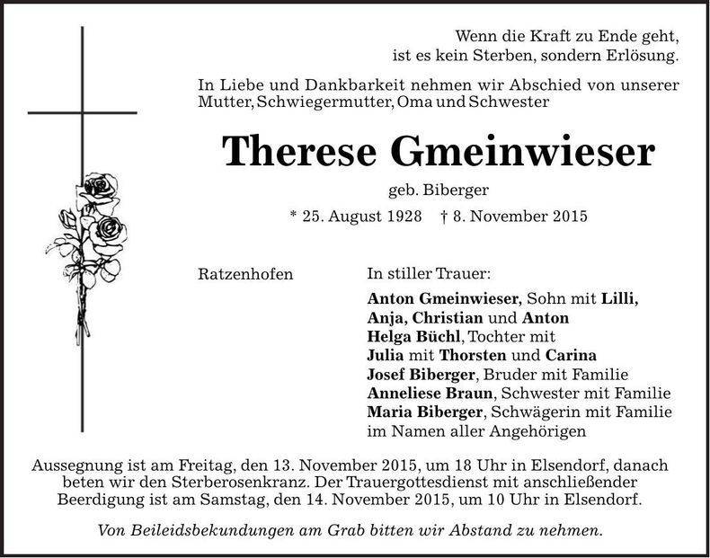 Traueranzeige Therese Gmeinwieser