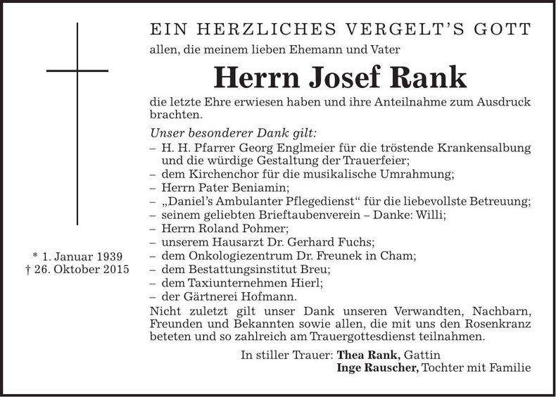 Traueranzeige Josef Rank