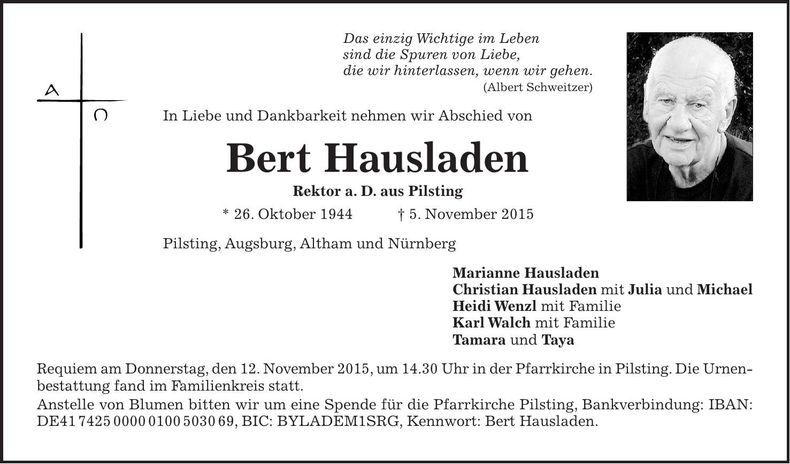 Traueranzeige Bert Hausladen