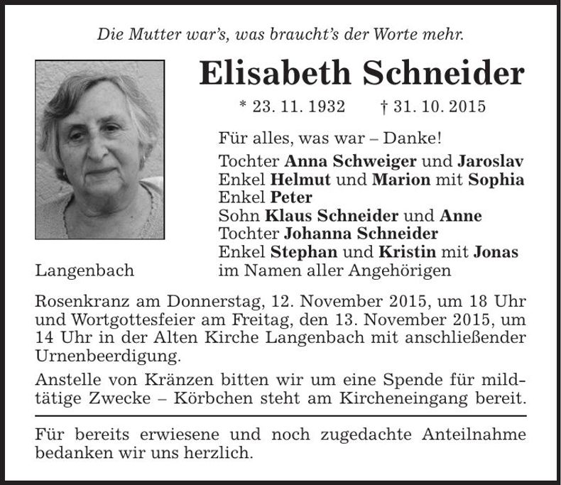 Traueranzeige Elisabeth Schneider