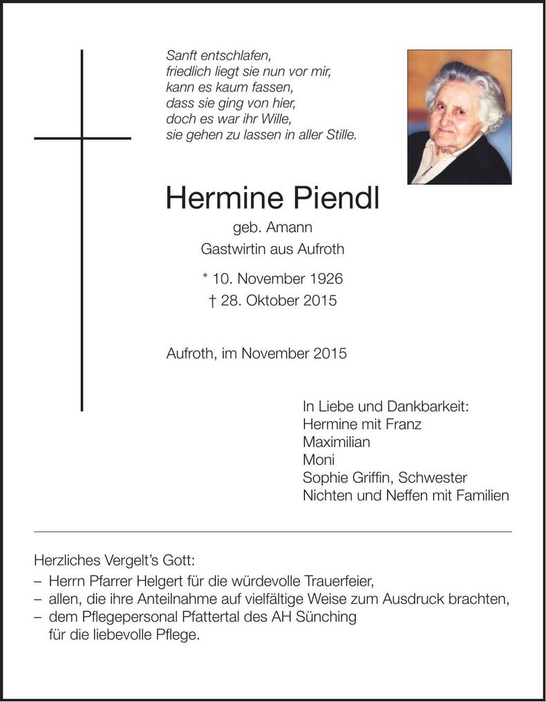 Traueranzeige Hermine Piendl