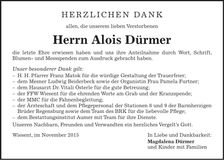 Traueranzeige Alois Dürmer