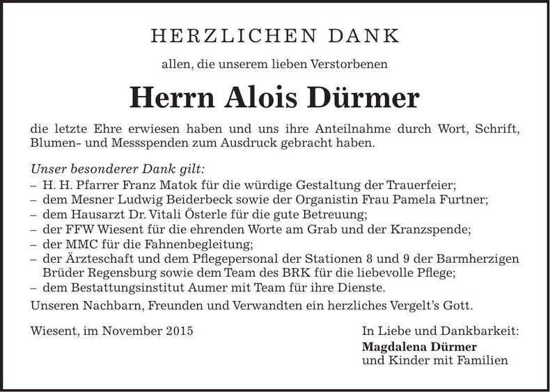 Traueranzeige Alois Dürmer