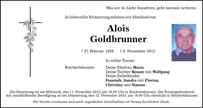Traueranzeige Alois Goldbrunner