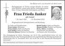 Traueranzeige Frieda Janker