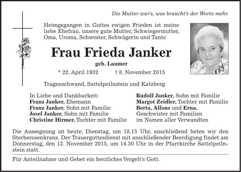 Traueranzeige Frieda Janker
