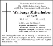 Traueranzeige Walburga Mitterhuber