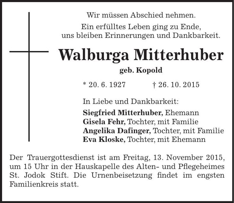 Traueranzeige Walburga Mitterhuber