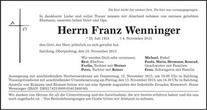 Traueranzeige Franz Wenninger