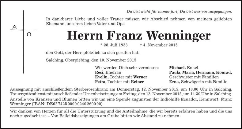 Traueranzeige Franz Wenninger